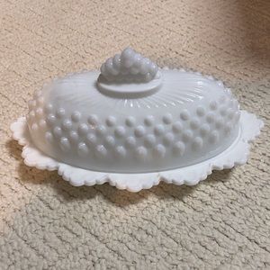 Covered butter dish. Hobnail milk glass